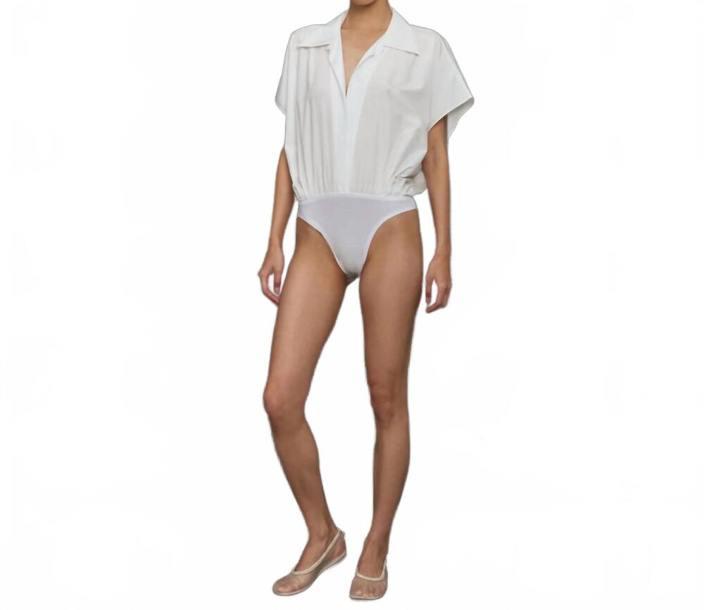 NEW NORMA KAMALI super boyfriend neck shirt bodysuit in ivory white